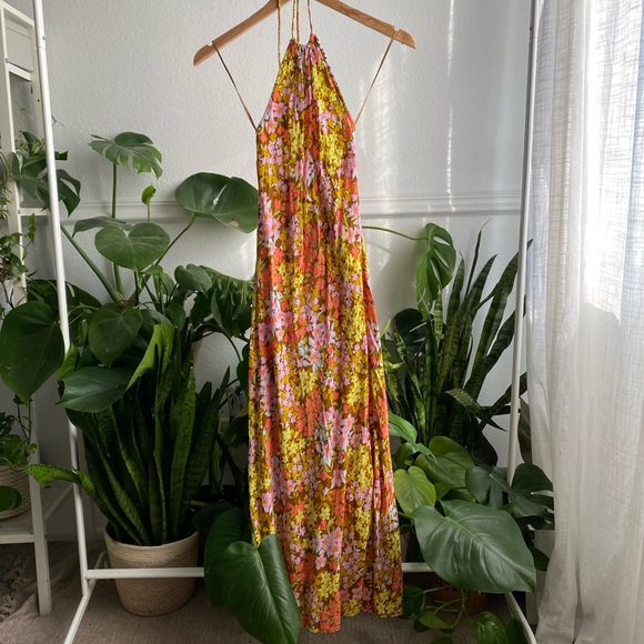 Billabong Retro Romance Halter Maxi Dress Small Moss Pink Mod 70s Floral - Picture 3 of 7